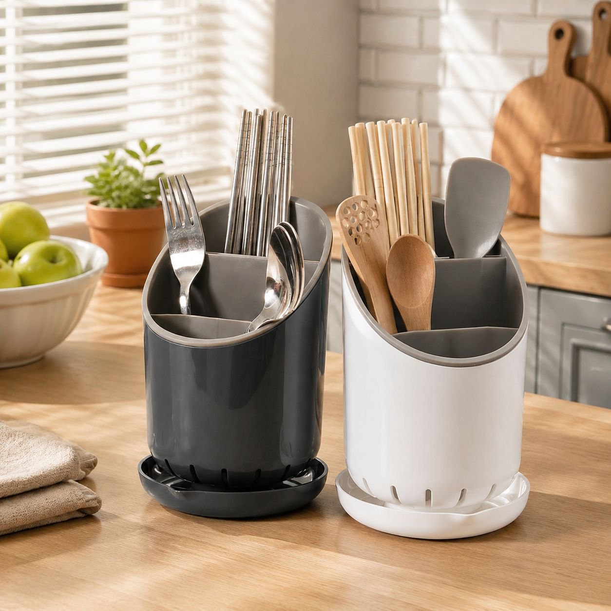 Removable tiered utensil organizer with water drainage in kitchen drawer