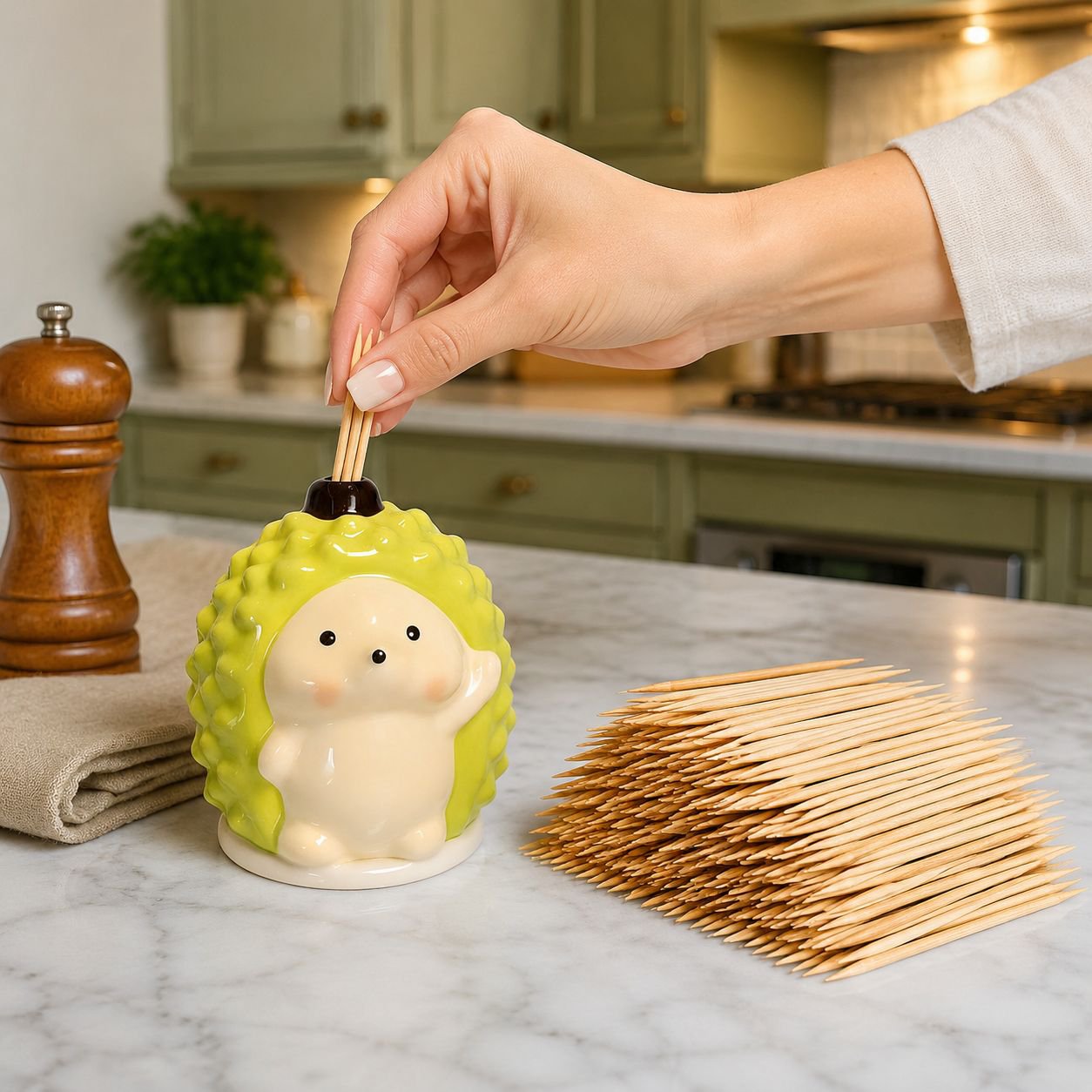 Close-up of hedgehog ceramic toothpick holder with toothpicks