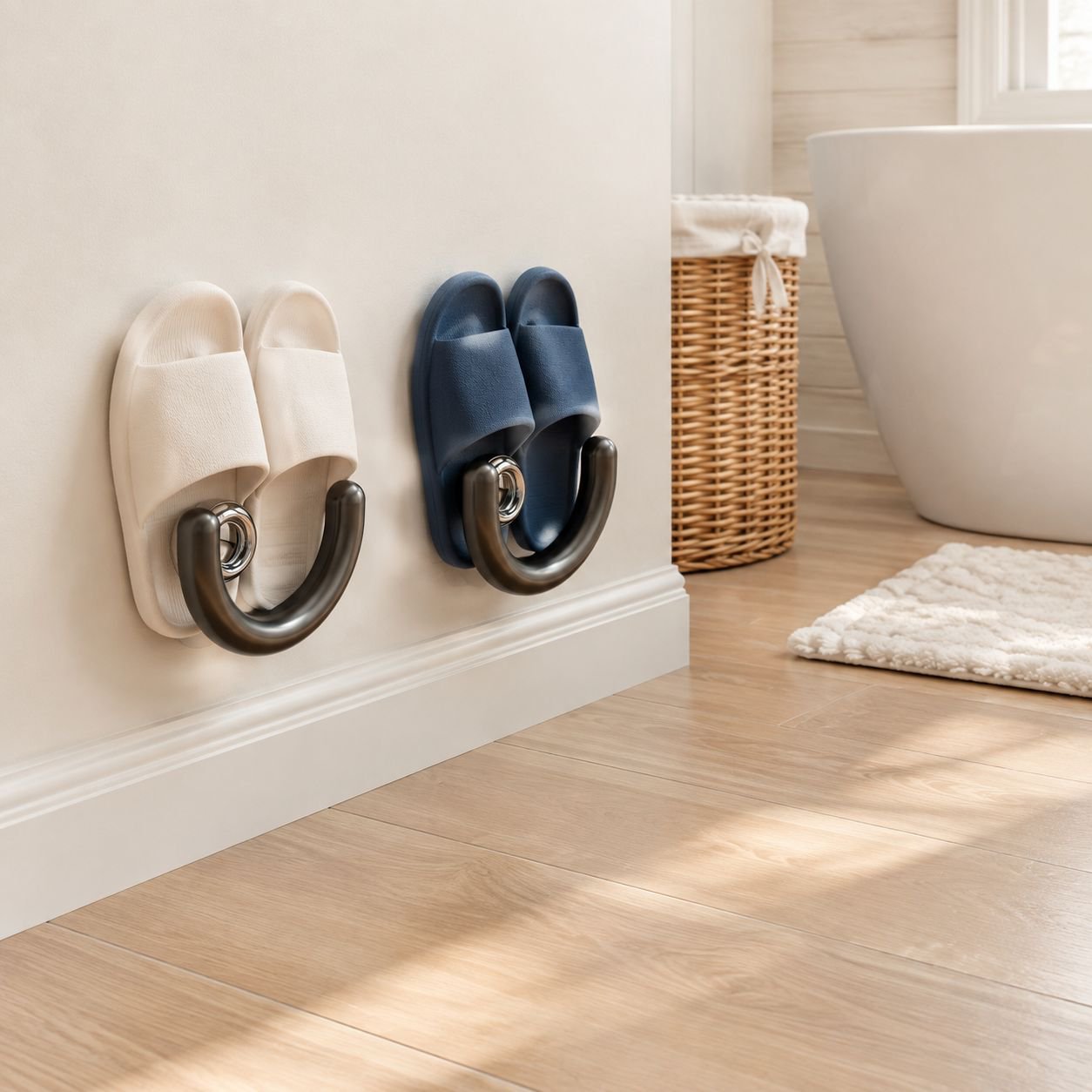 Wall-mounted Bathroom Suction Slipper Rack with Draining Storage Shelf