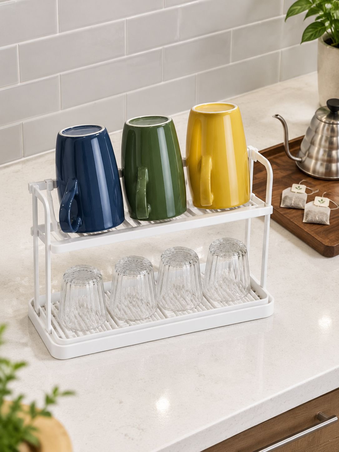 Two-tier inverted mug holder for organized kitchen storage