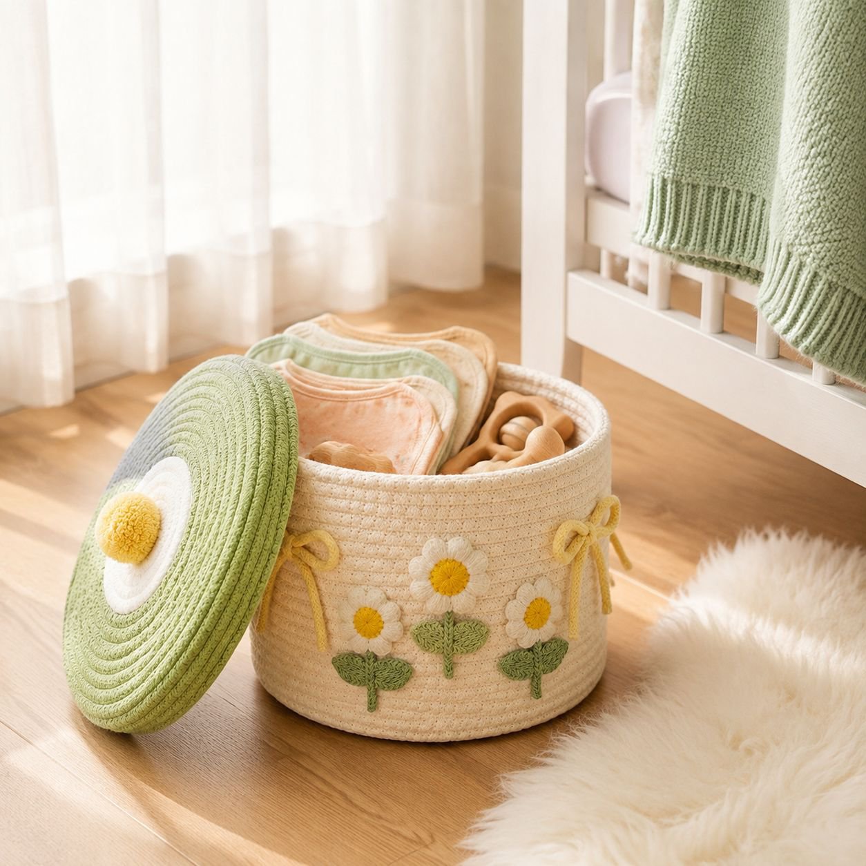 Stylish cotton storage basket with handles and lid
