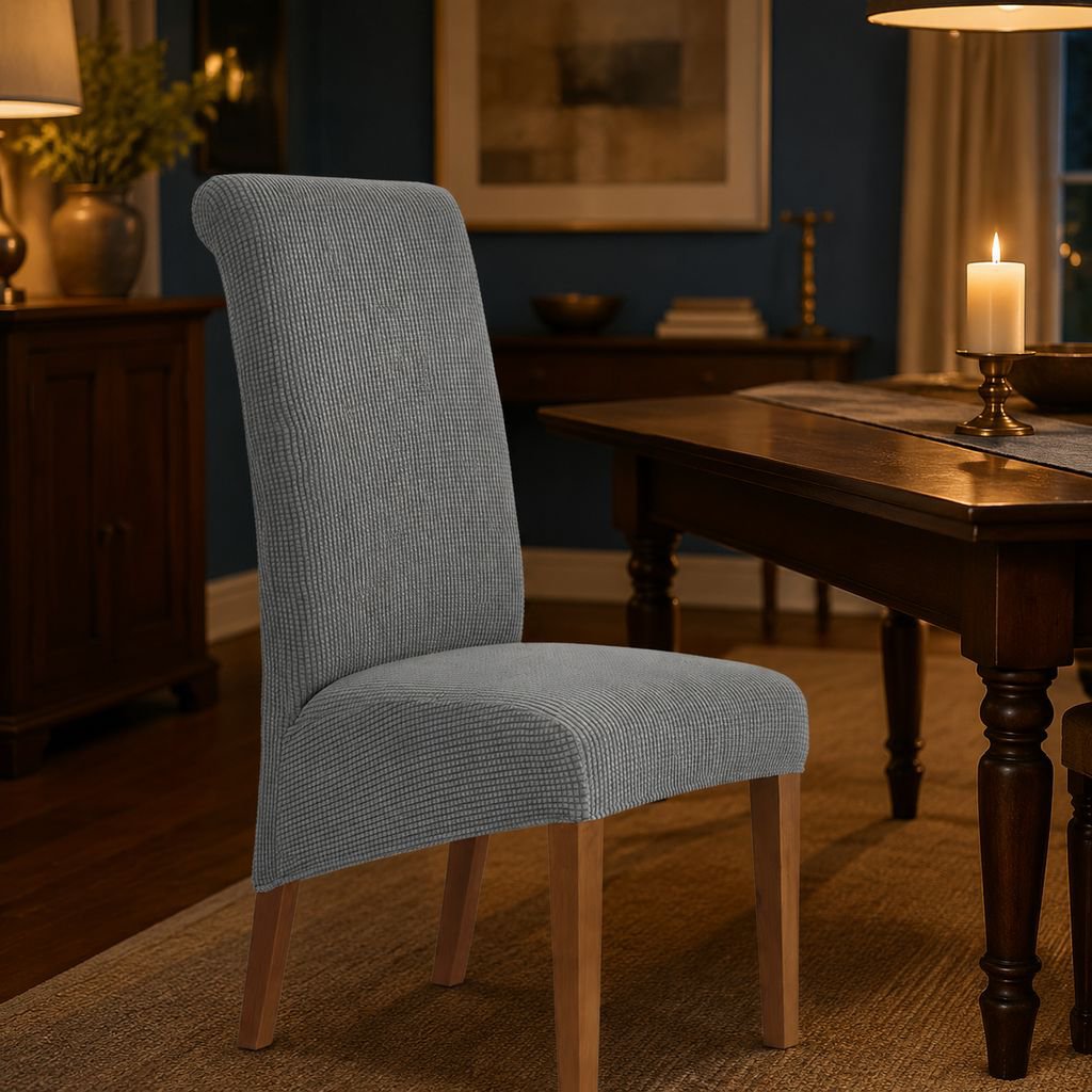 Before and after using stretchable velvet chair cover