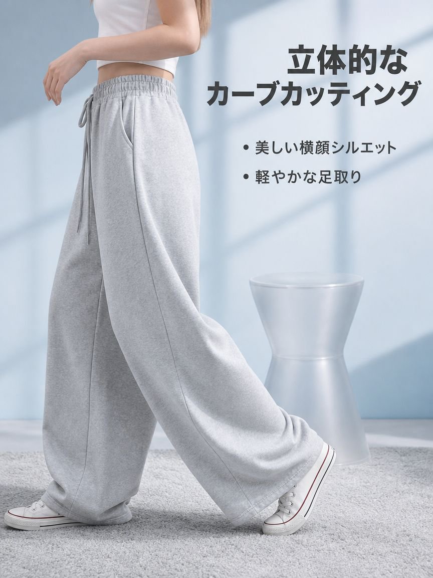 万能なカーブドワイドレッグ無地スウェットパンツ
