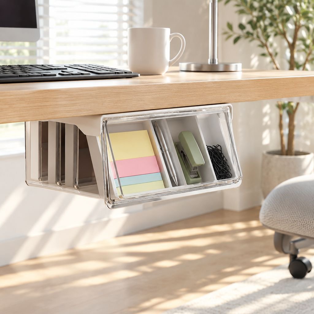 33° Inclined Transparent Waterproof Under-Desk Storage Drawer Box
