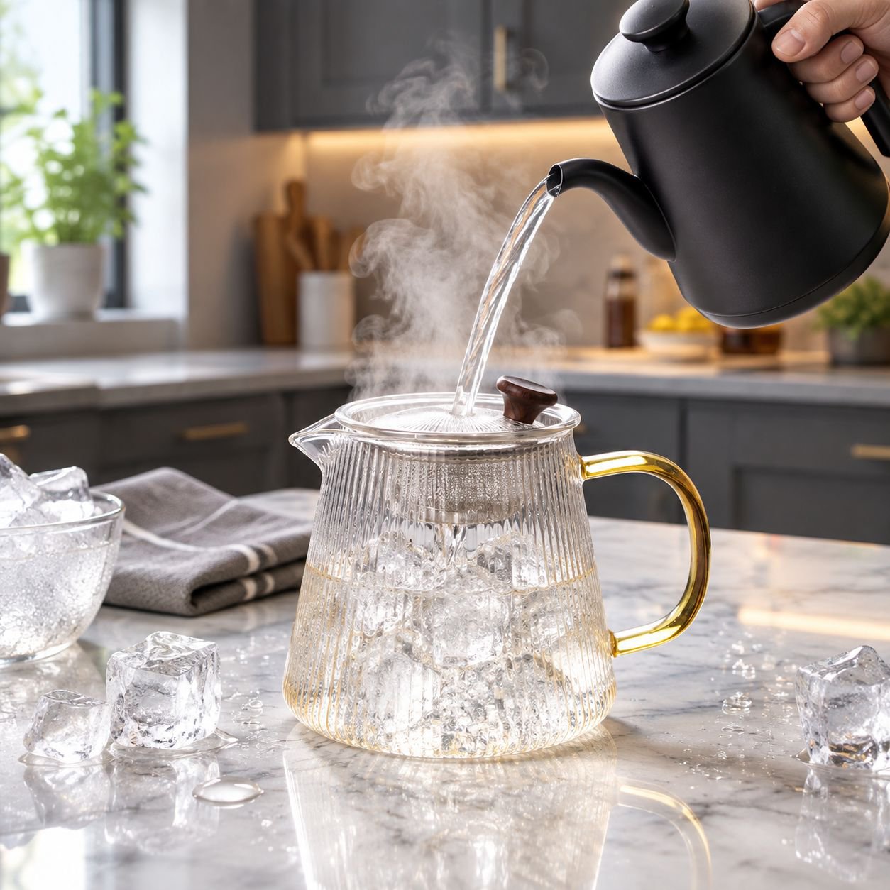 Elegant New Striped Glass Teapot placed on a wooden tray
