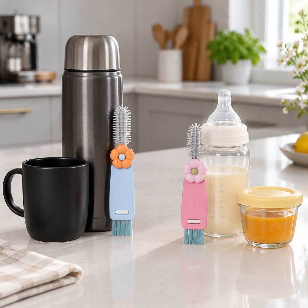 Versatile cleaning brush for kitchen cup lids