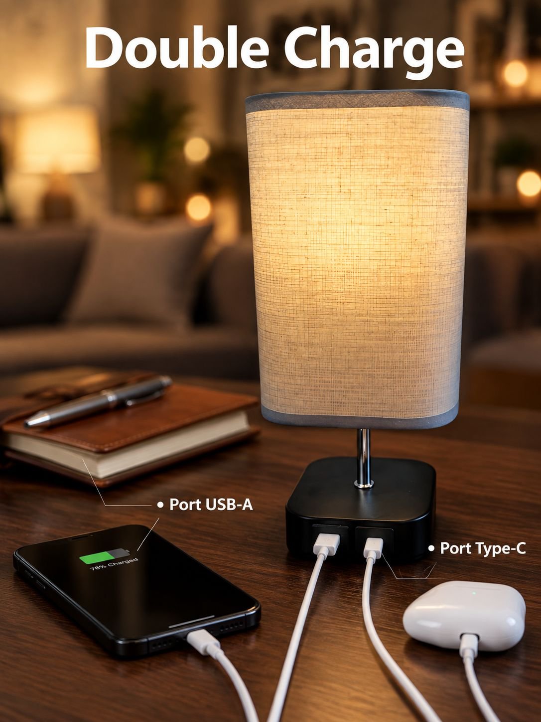 Lampe de bureau à double adaptateur et charge haute tension avec variateur à trois niveaux conçu sur