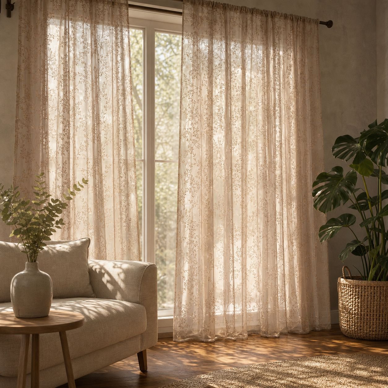 Minimalist style tree branch blackout curtain set in living room