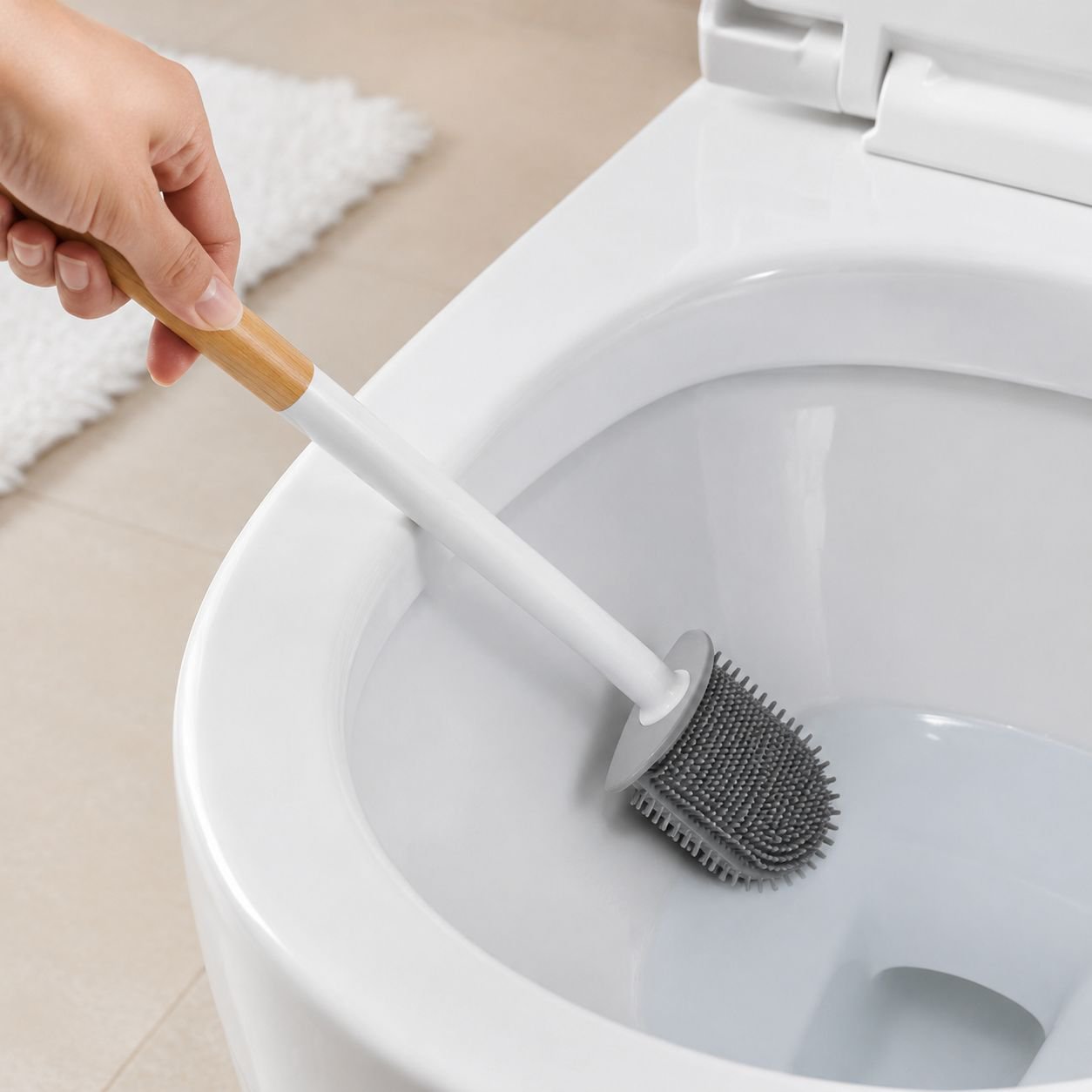 No-Drill Wall-Mounted Silicone Toilet Brush Set with Long Handle