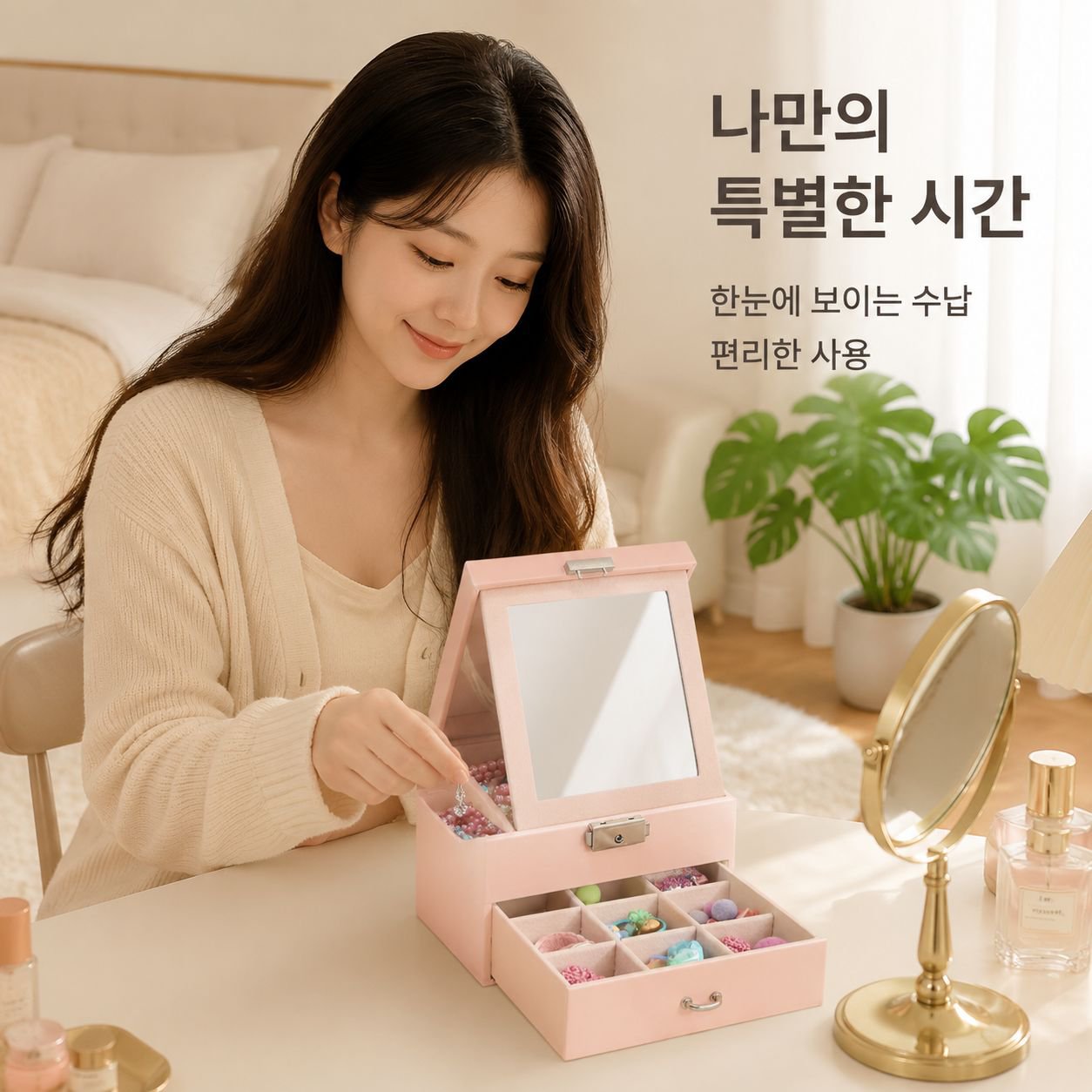 핑크 PU 2단 거울 목걸이 보관함