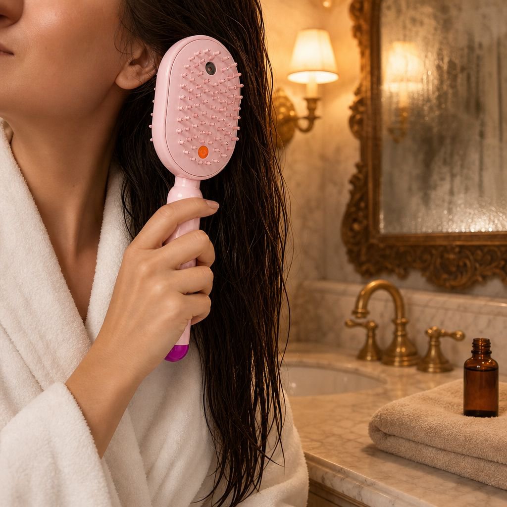 Peigne de massage électrique diffuseur d'huiles essentielles en utilisation