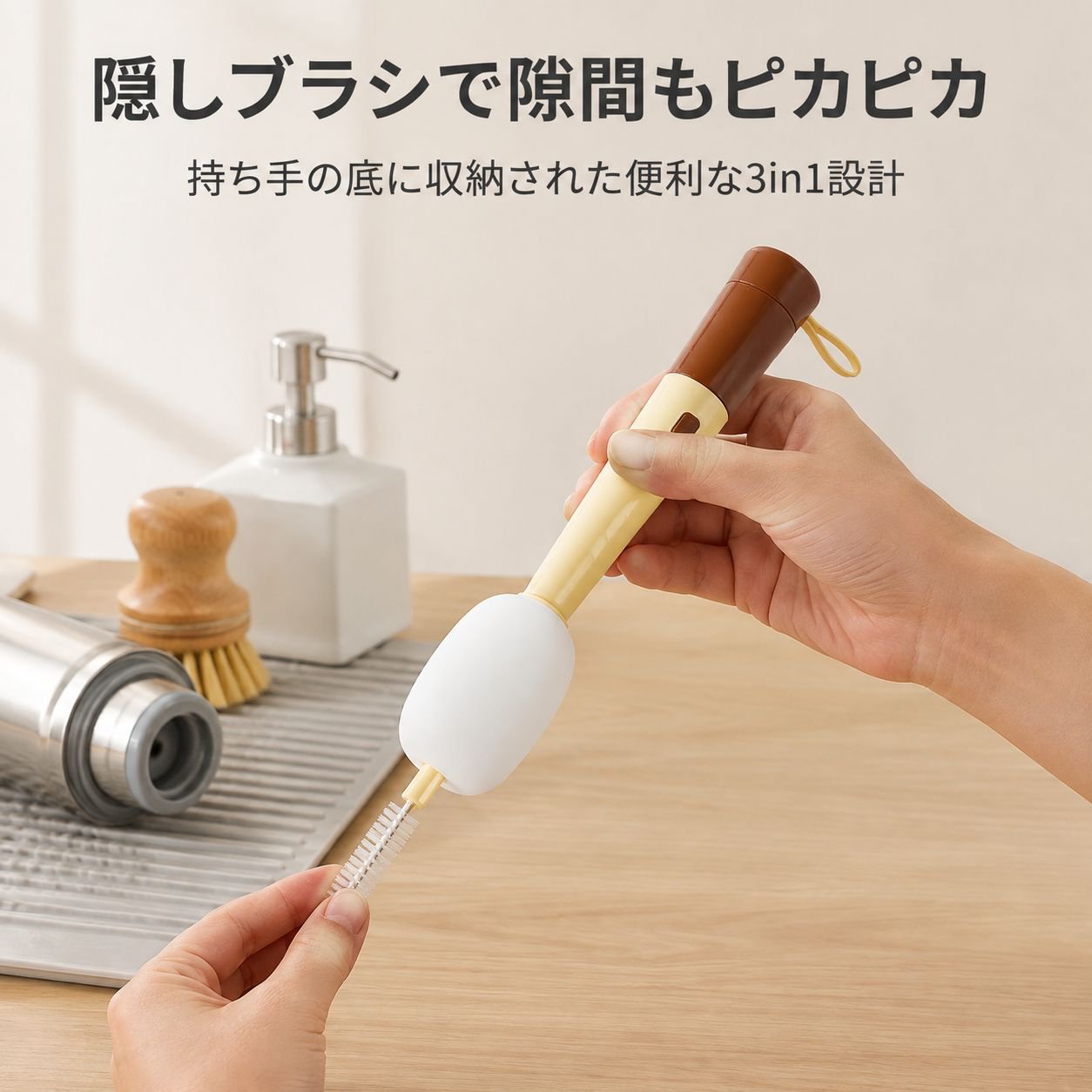 マイク型カップブラシ 多機能3in1ロングハンドルクリーナー 水筒・タンブラー用
