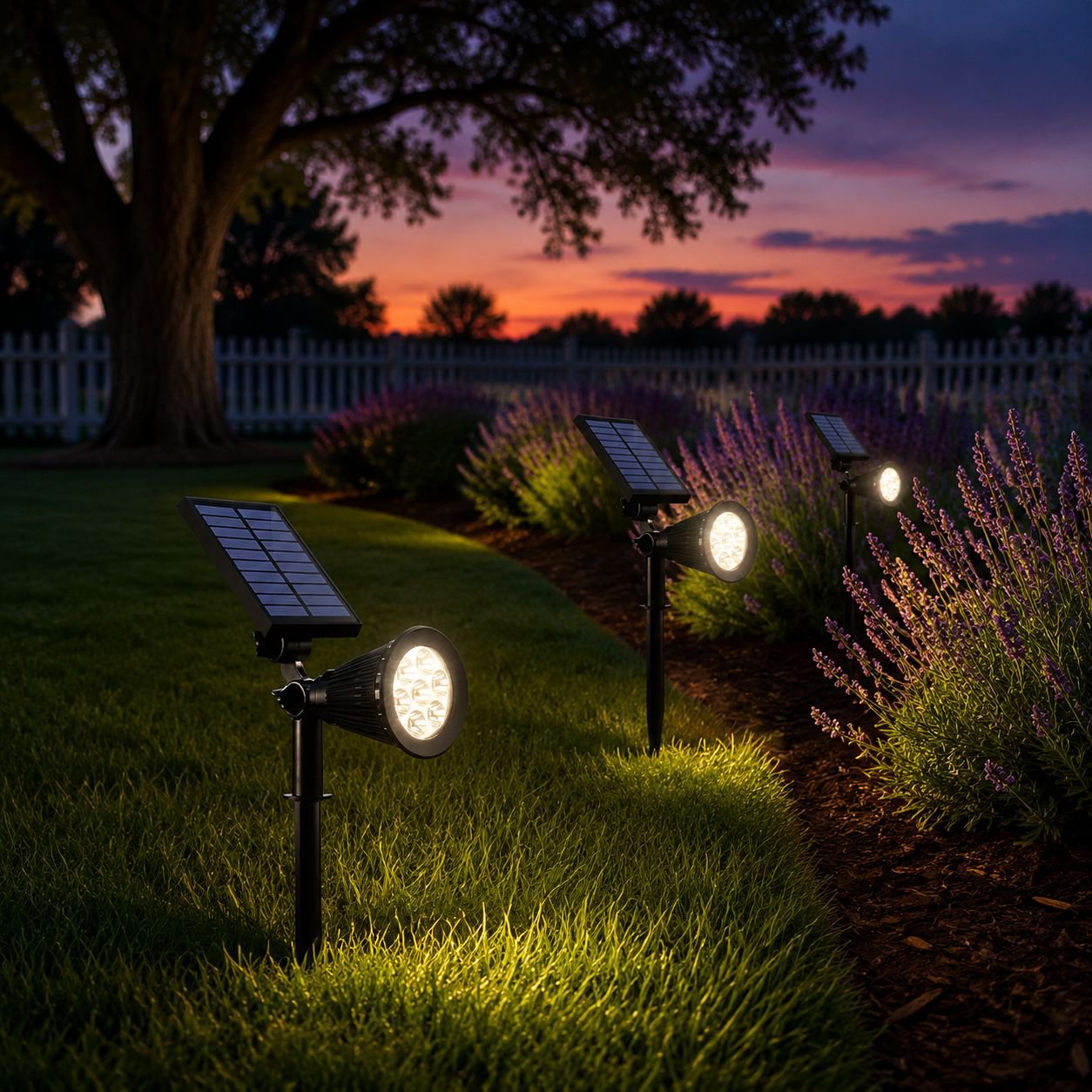 Bright solar spotlight enhancing nighttime garden ambiance