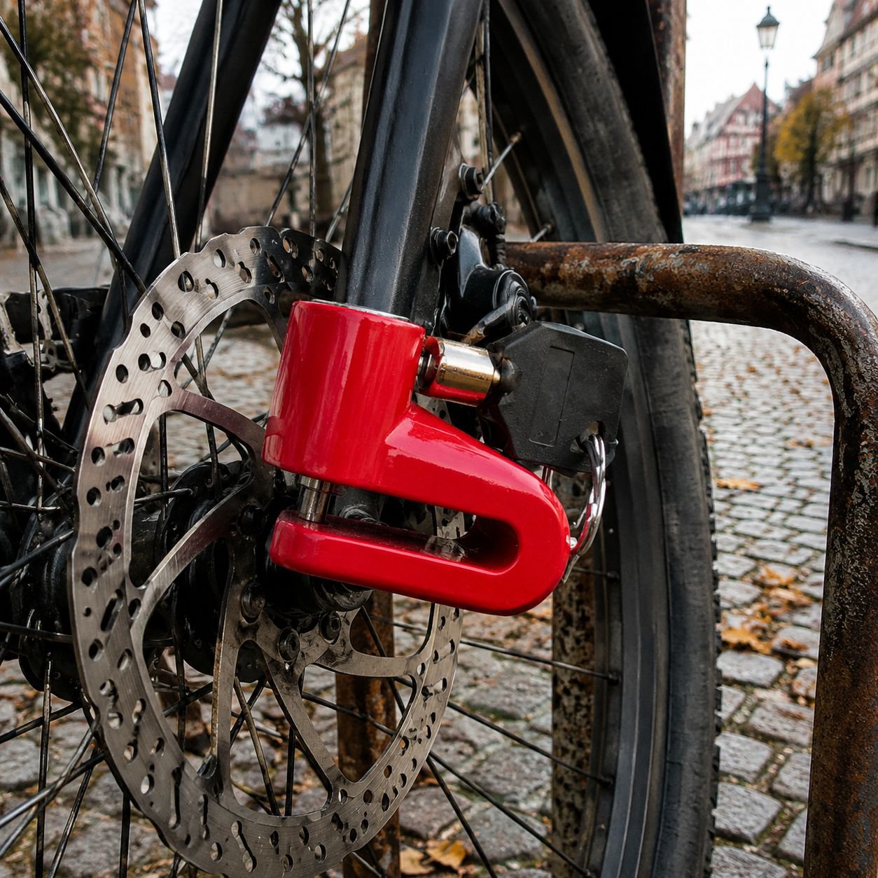 Fahrrad-Scheibenbremsenschloss am Vorderrad montiert