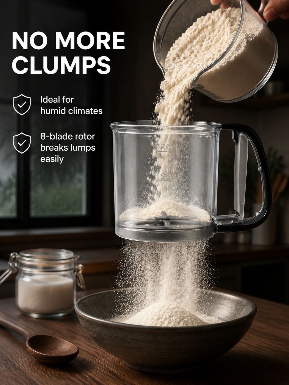Flour sifter for preparing dry ingredients for baking