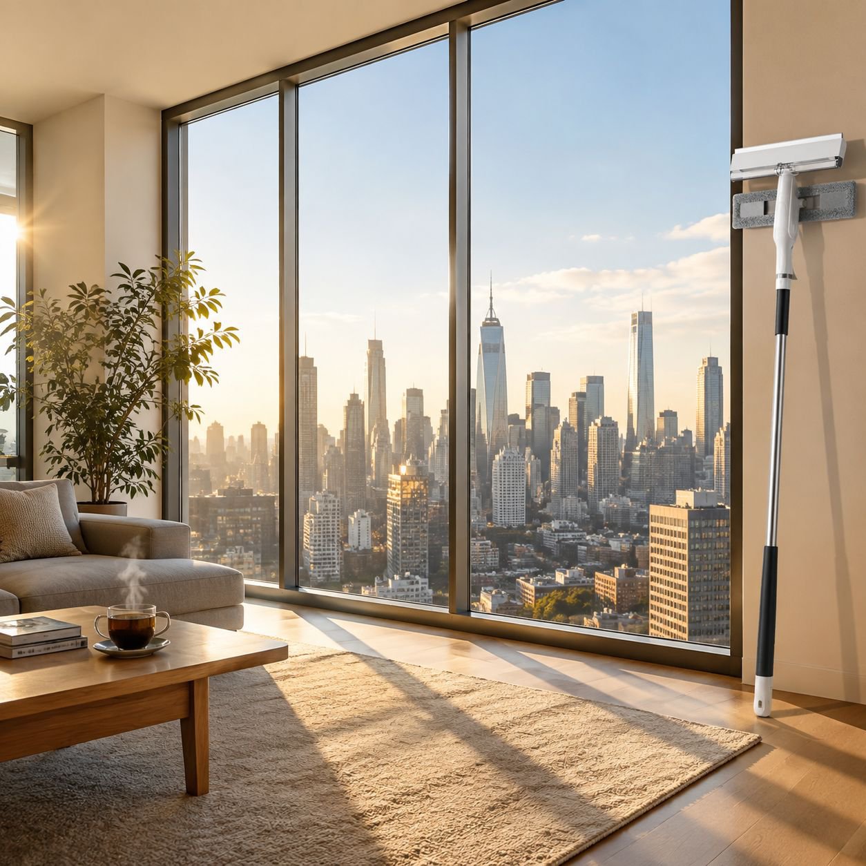 Commercial window cleaner using highrise glass scraper