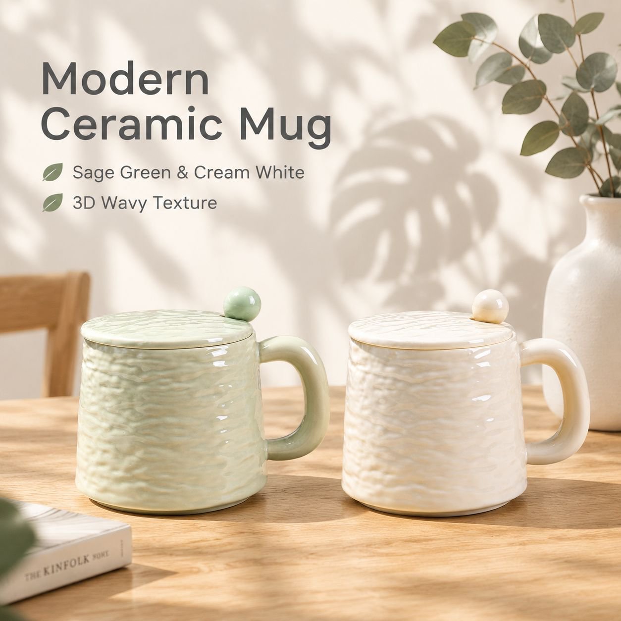 Large Ceramic Coffee Mug with Lid and Spoon