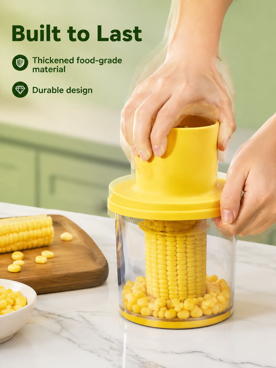 Corn sheller tool positioned over a fresh ear of corn