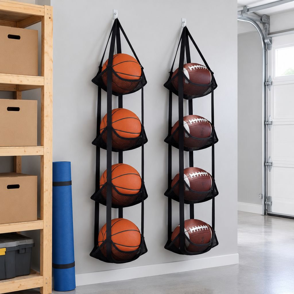 Hanging mesh organizer for multiple sports balls