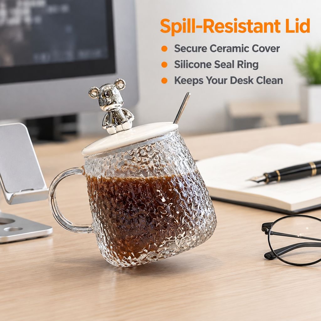 Glass Bear Mug with Lid, Large Belly