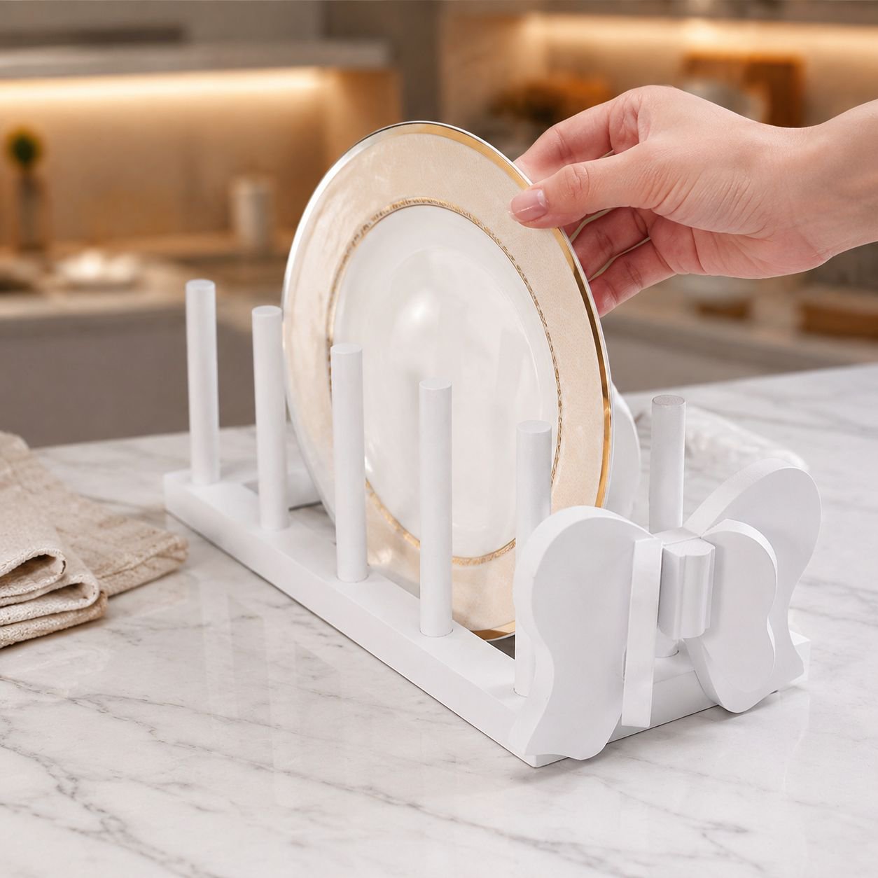 Wooden kitchen dish draining shelf with utensils