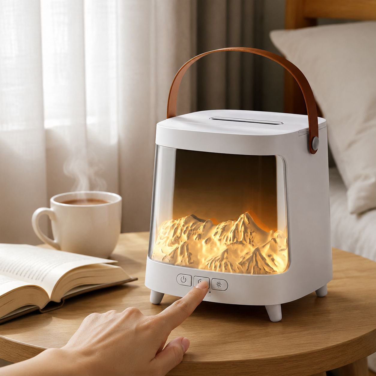 Aurora humidifier on bedside table for restful sleep