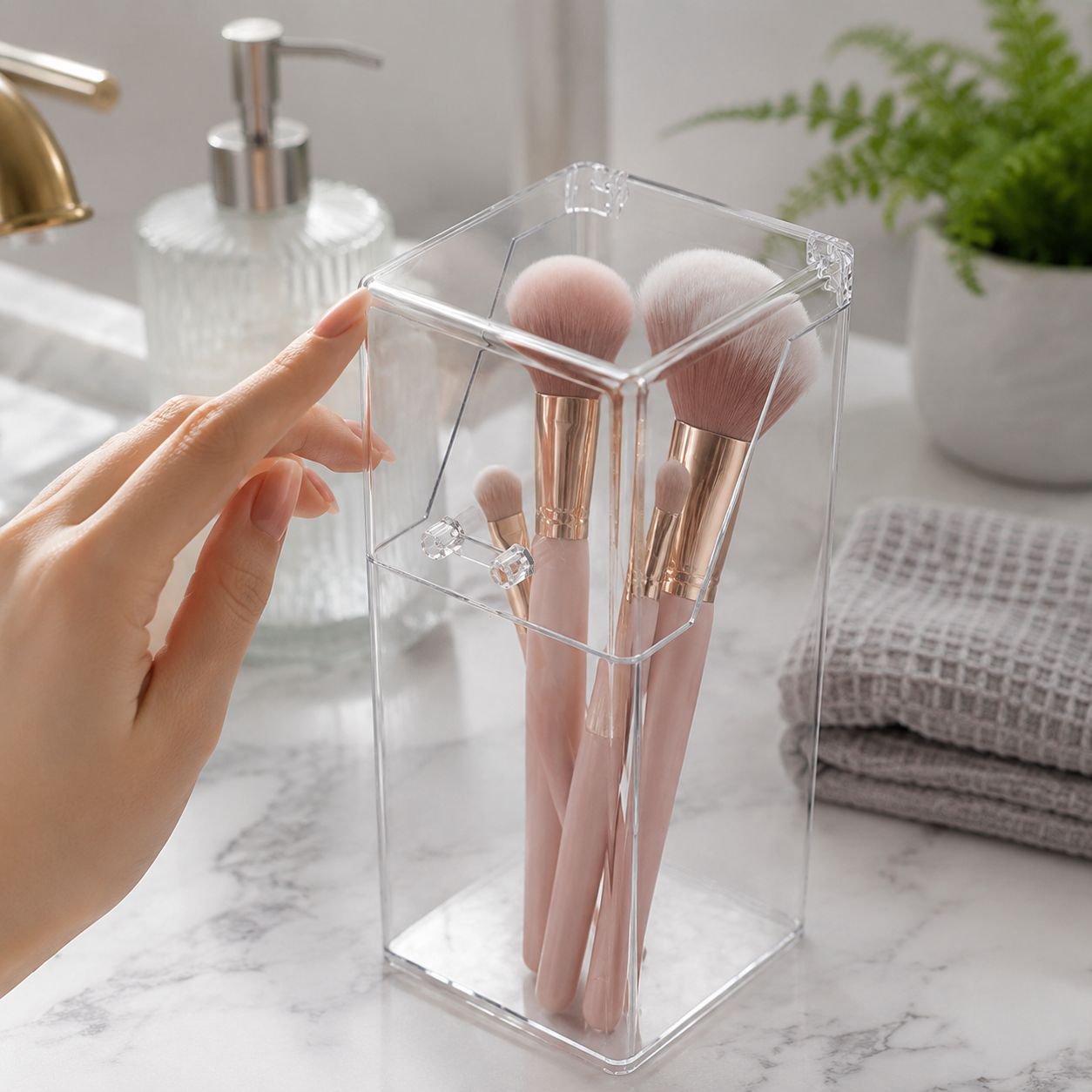 Transparent makeup brush organizer for desk or vanity