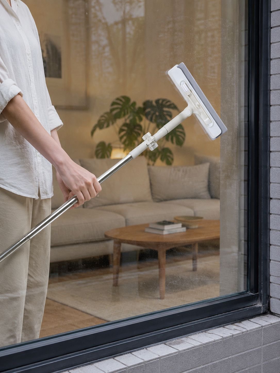 Double-sided glass cleaner removing smudges