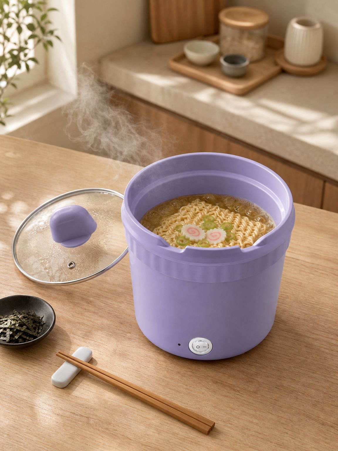 小型電煮鍋でインスタントラーメンを調理する様子