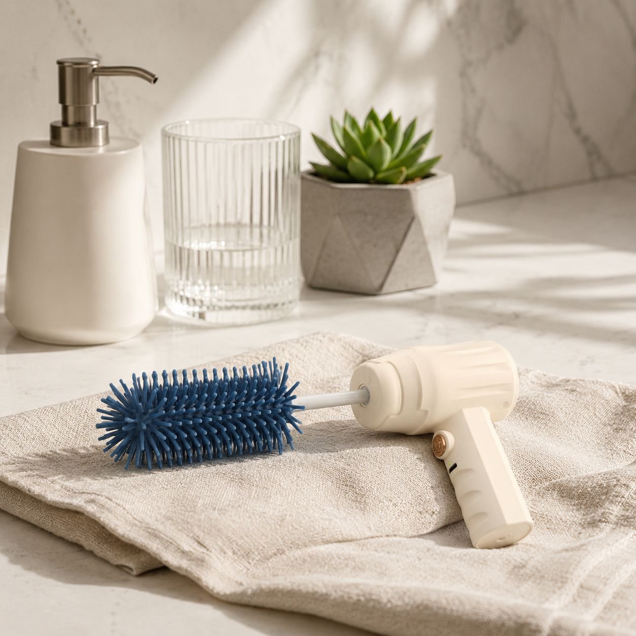 Electric bottle brush made of silicone, won't damage bottles, 3 speed settings, cleans bottles and i