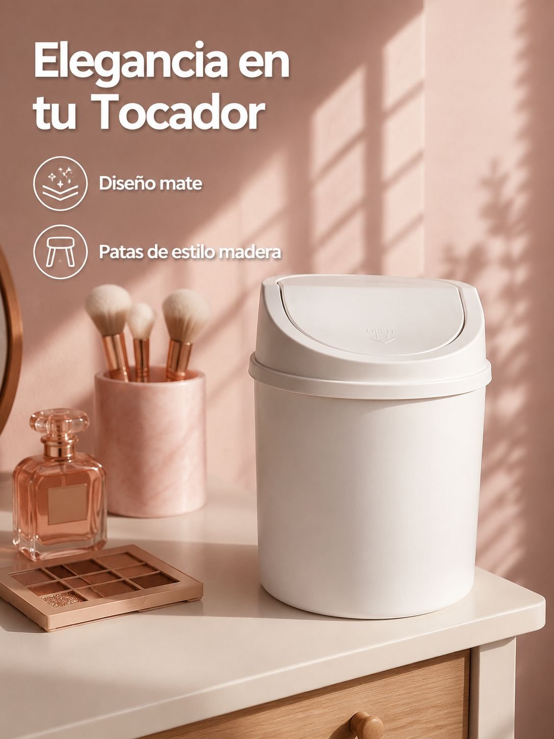 Bote de basura compacto con tapa para tocador