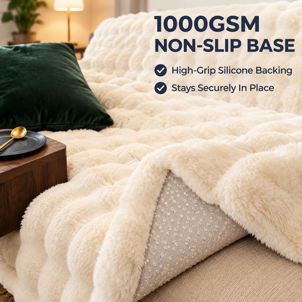 Thick Faux Rabbit Fur Sofa Cover Non-Slip Wavy Edge Couch Slipcover Blanket