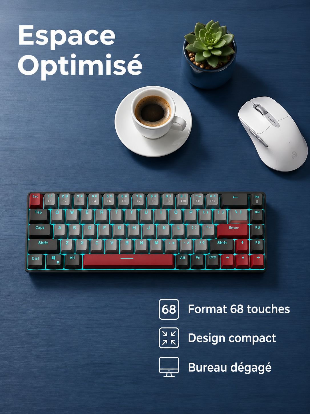 Clavier mécanique silencieux à 68 touches