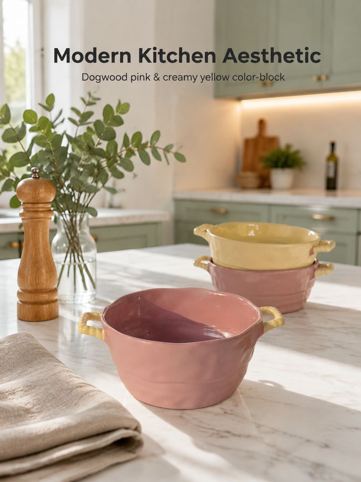 Large ceramic soup and noodle bowl with two side handles