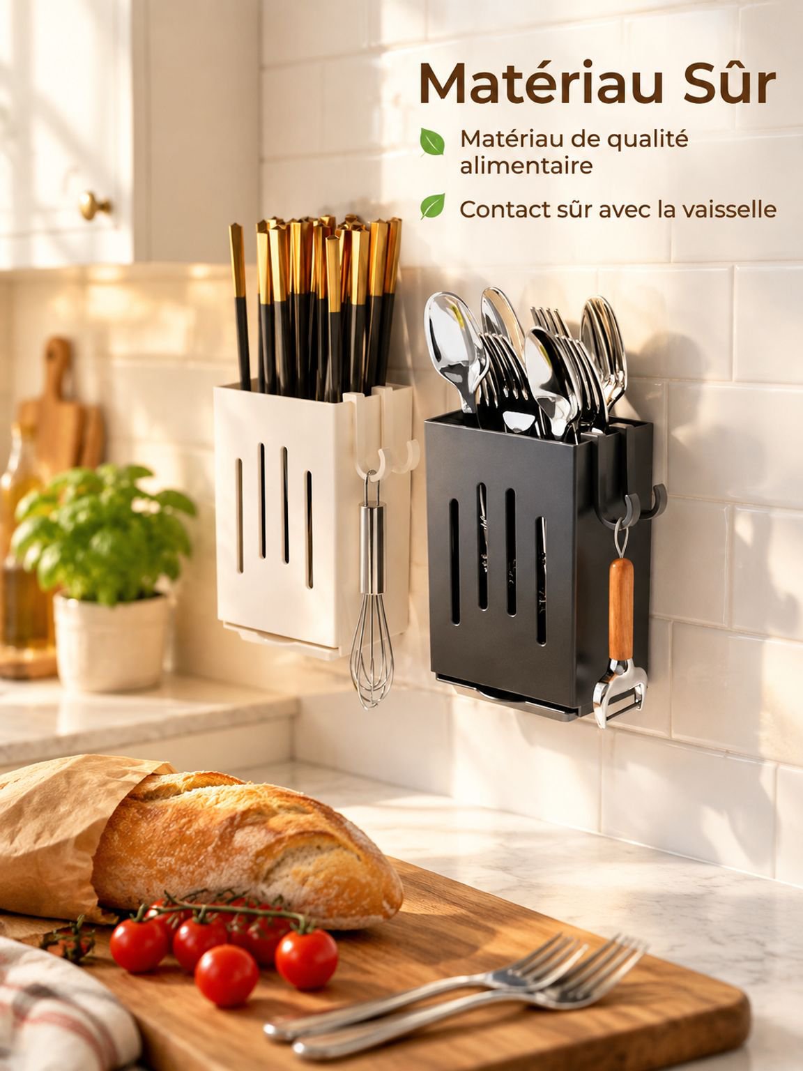 Porte-couverts mural installé près du plan de travail de la cuisine