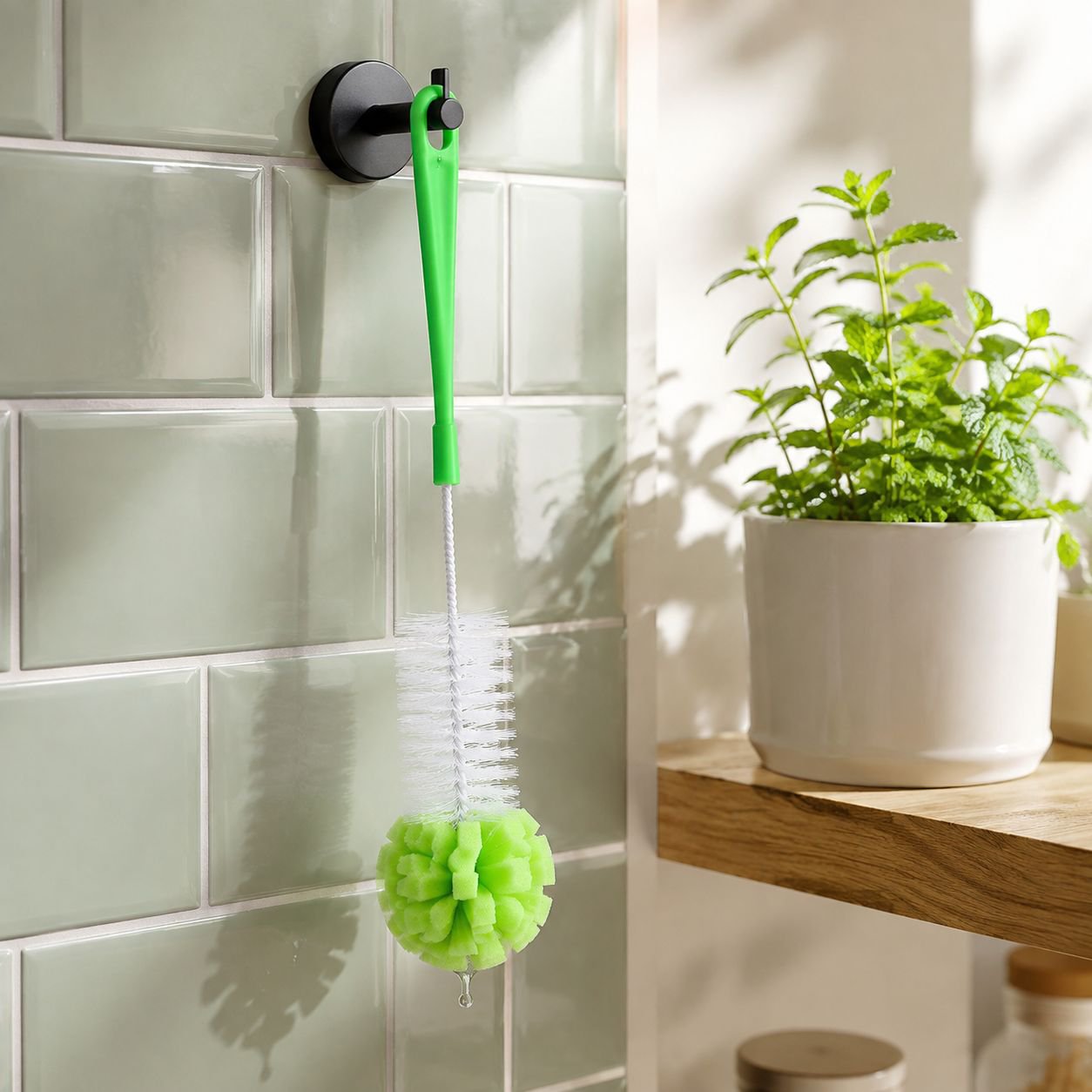 Cleaning brush in use on a kitchen countertop
