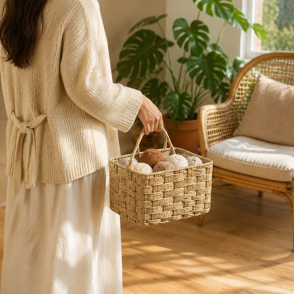 Panier de rangement naturel pour organisation de bureau