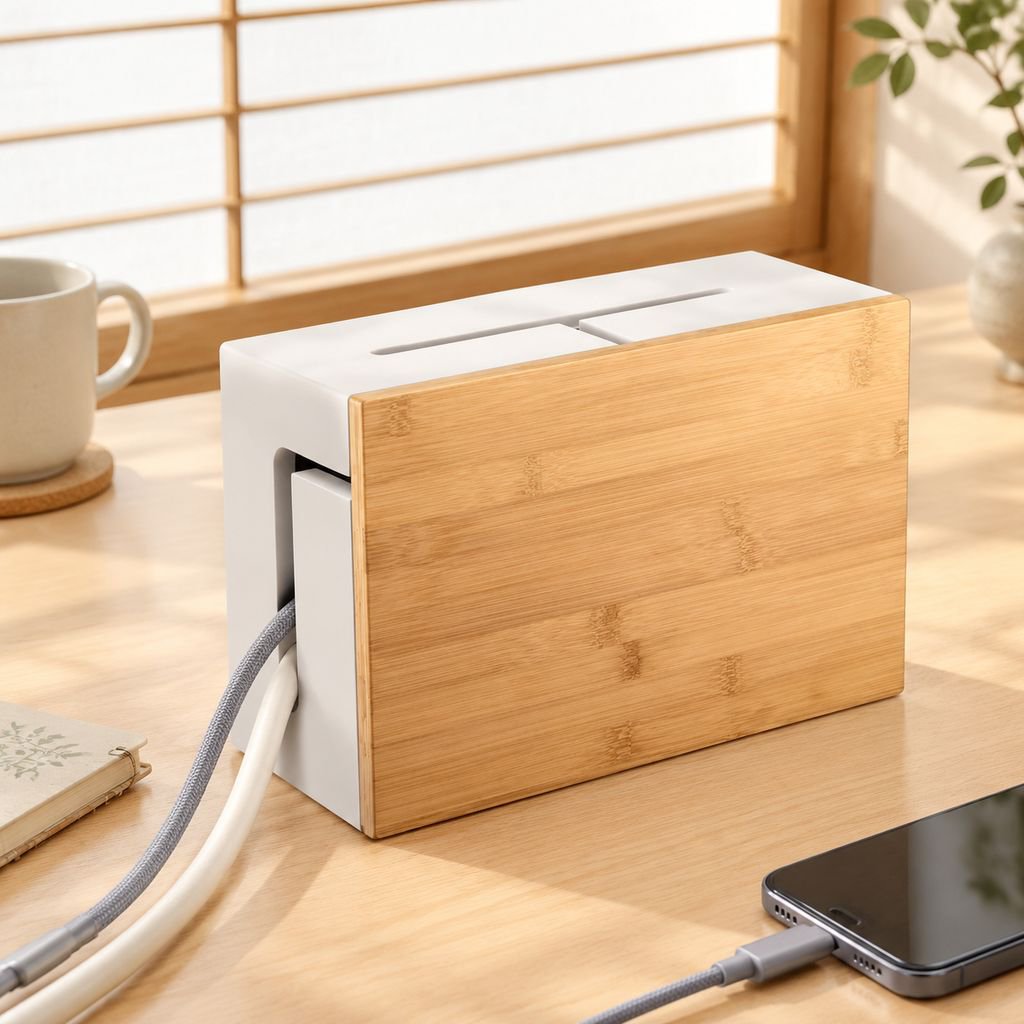 電源タップと充電ケーブルをまとめて収納できる木製配線整理ケース