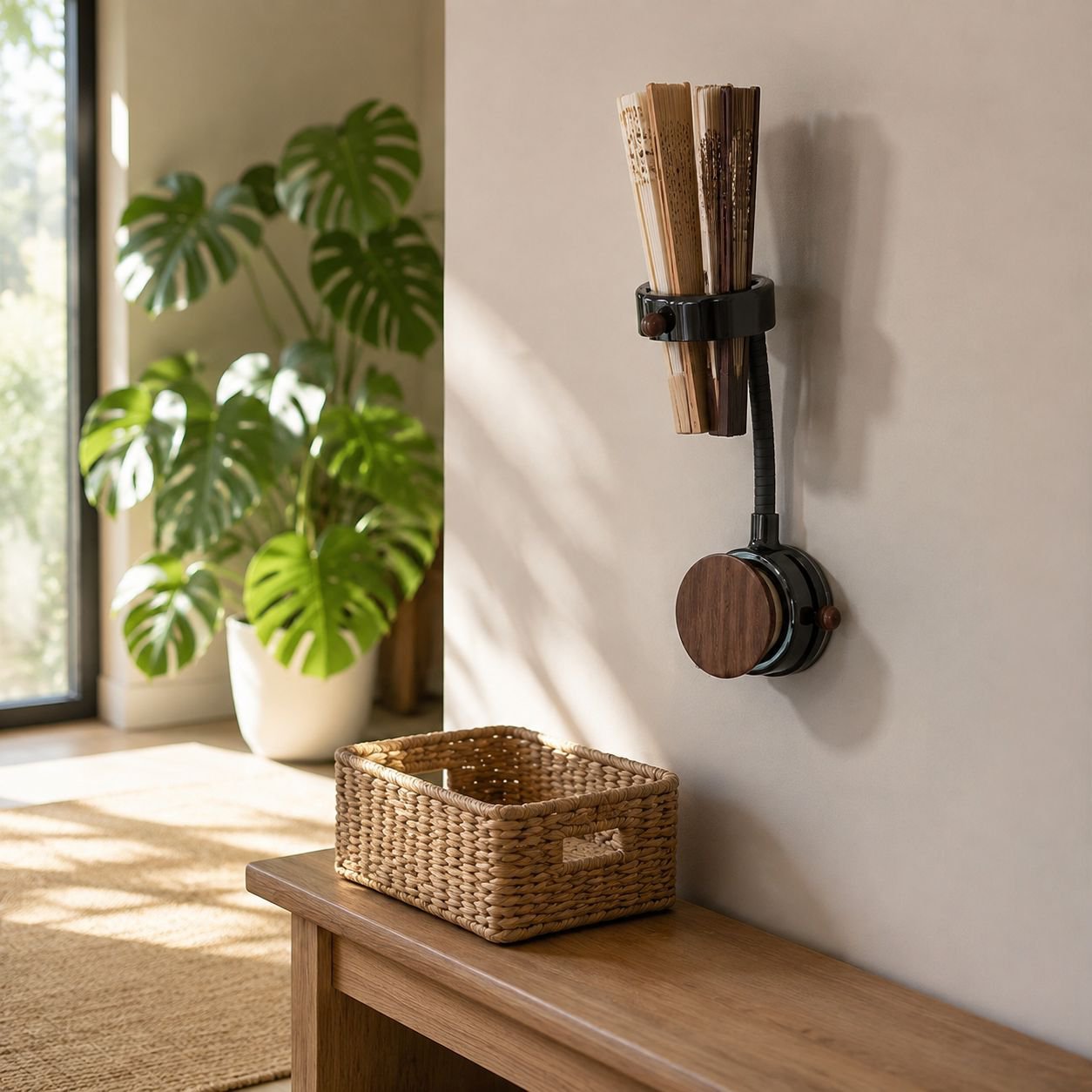 Wall-mounted rotatable storage rack for fans installed in living room