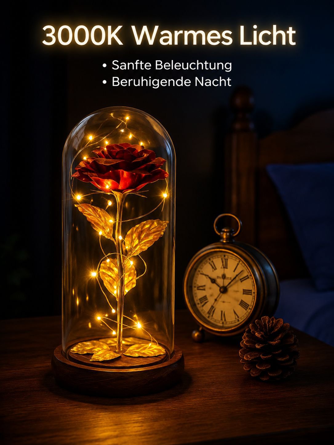 Künstliche Rosenblume unter Glashaube mit Goldfolie, ewige Blume, festliche Dekoration