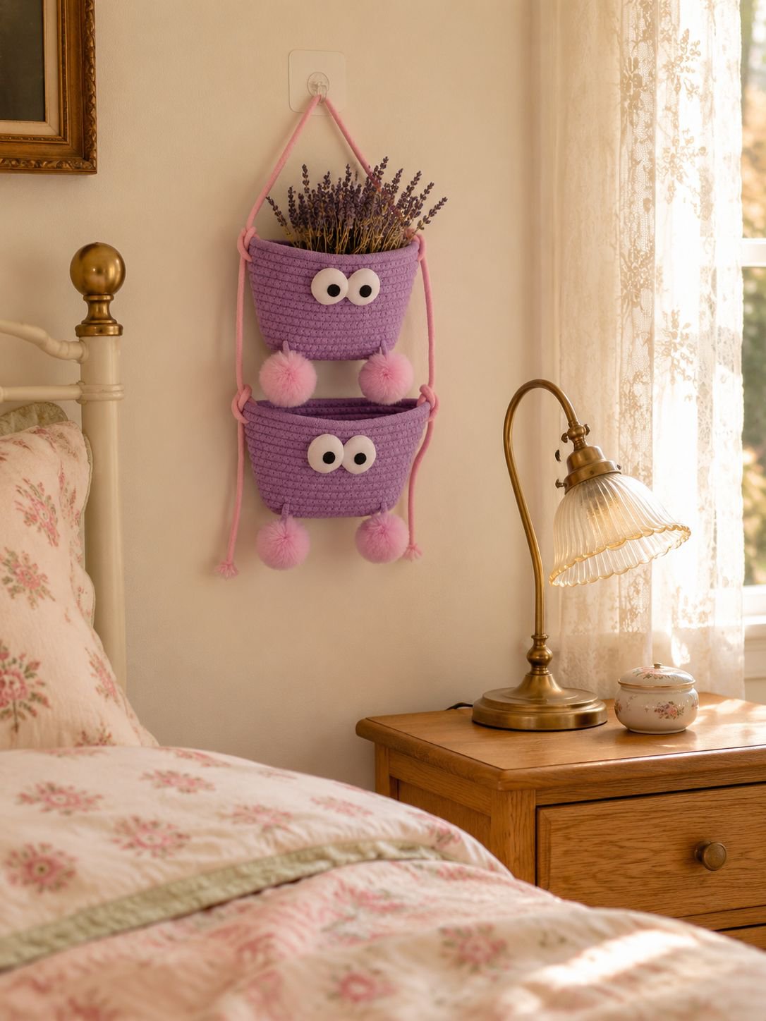 Woven cotton wall hanging storage basket for dorm rooms