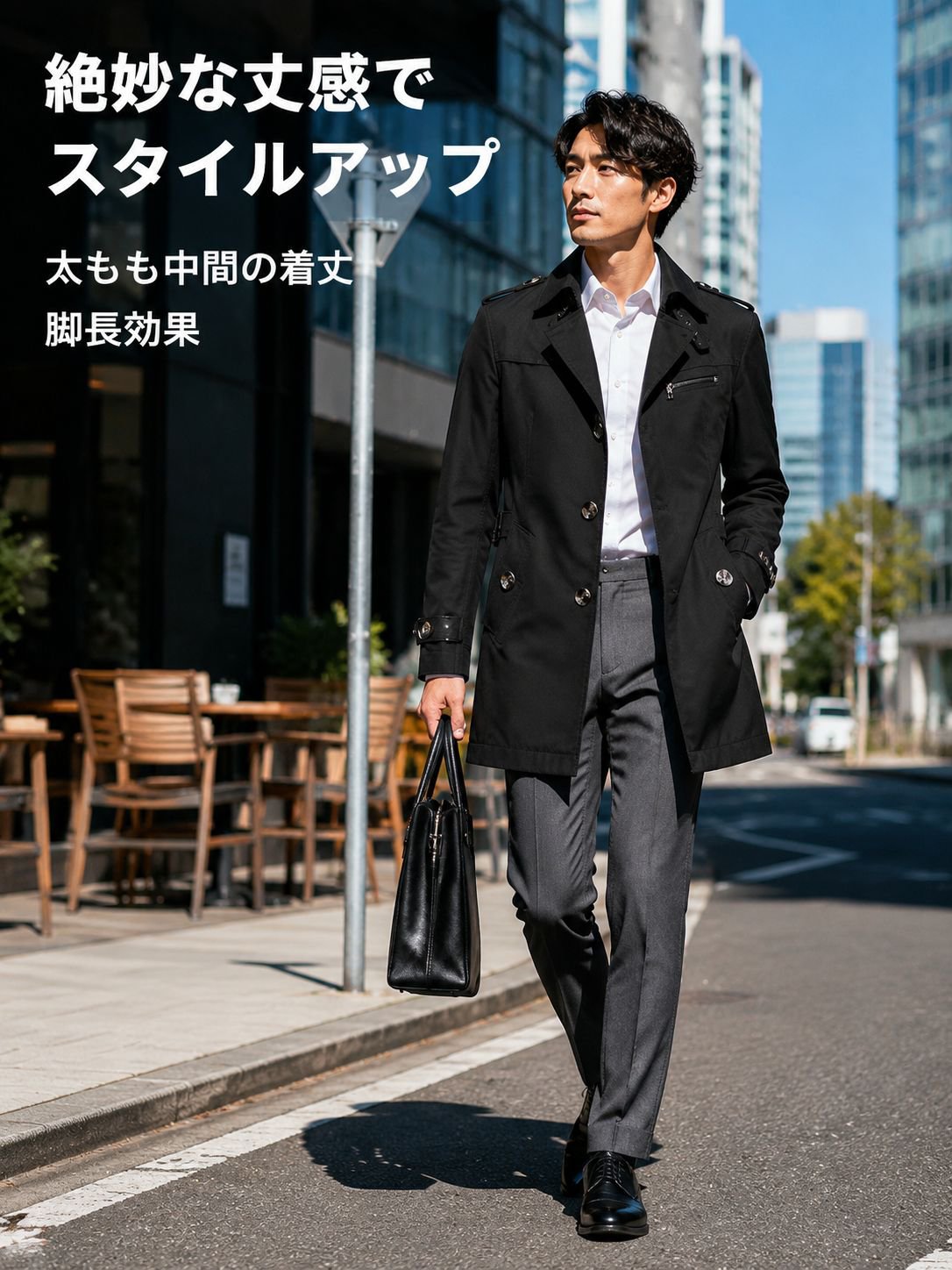 メンズピュアコットンミドル丈トレンチコート全体画像