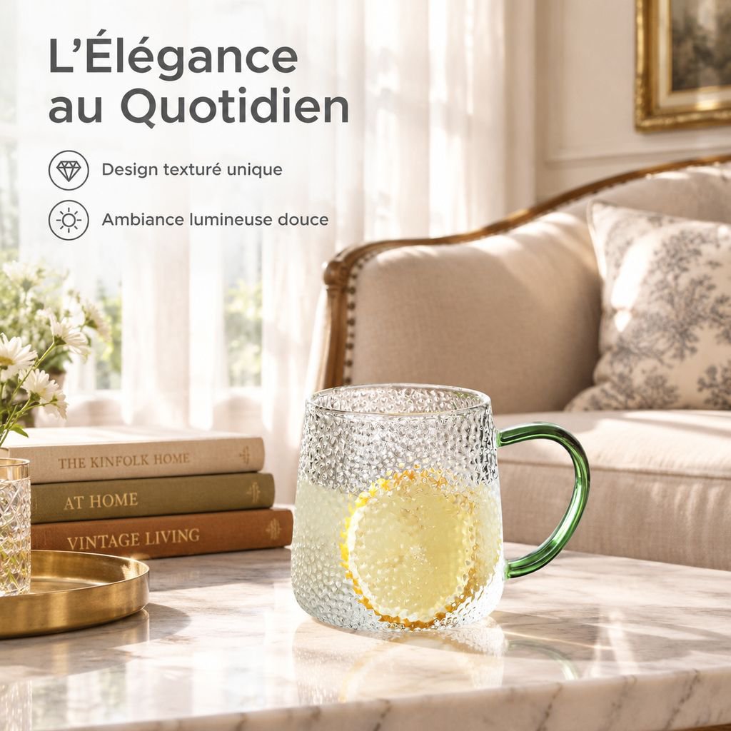 Tasse en verre borosilicate martelé avec grande anse
