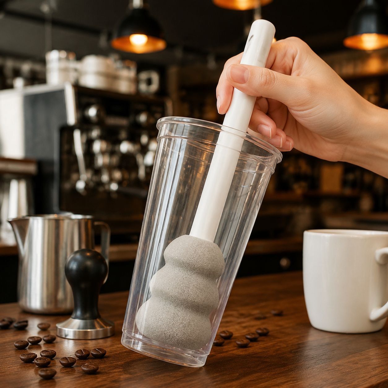 Efficient kitchen cup brush for hard-to-reach areas