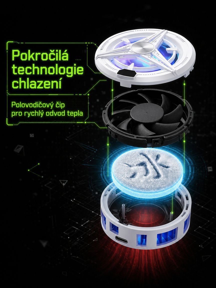 Detailní pohled na magnetický chladicí ventilátor pro smartphone