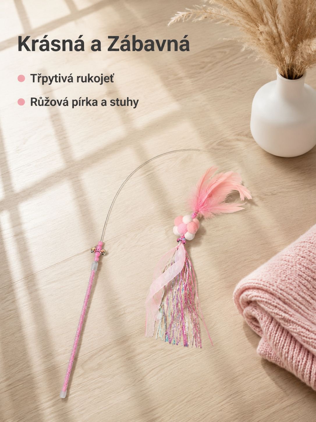 Dlouhá hůlka s peřím na hraní pro kočky