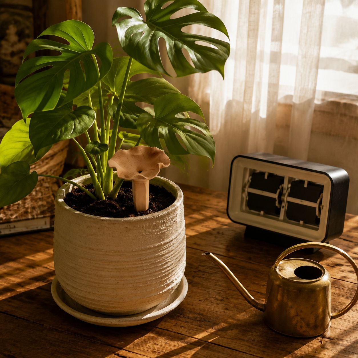 Multiple plant pots with terracotta watering spikes for consistent moisture