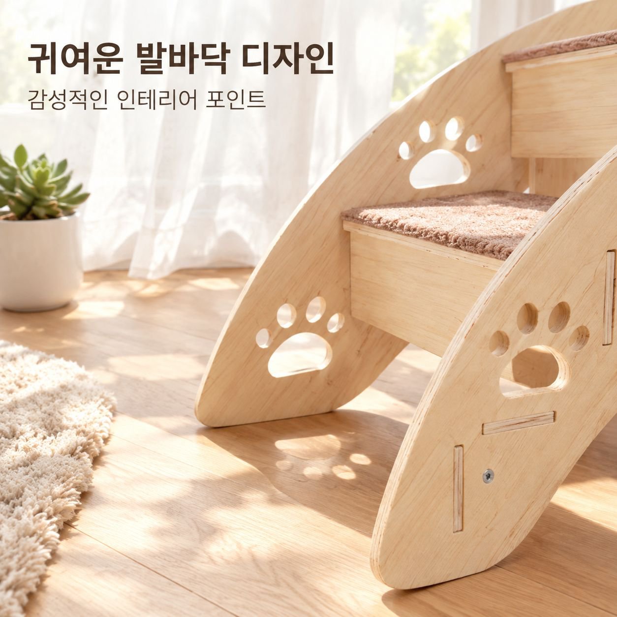 반려견의 침대 오르내리기를 돕는 원목 경사로/계단