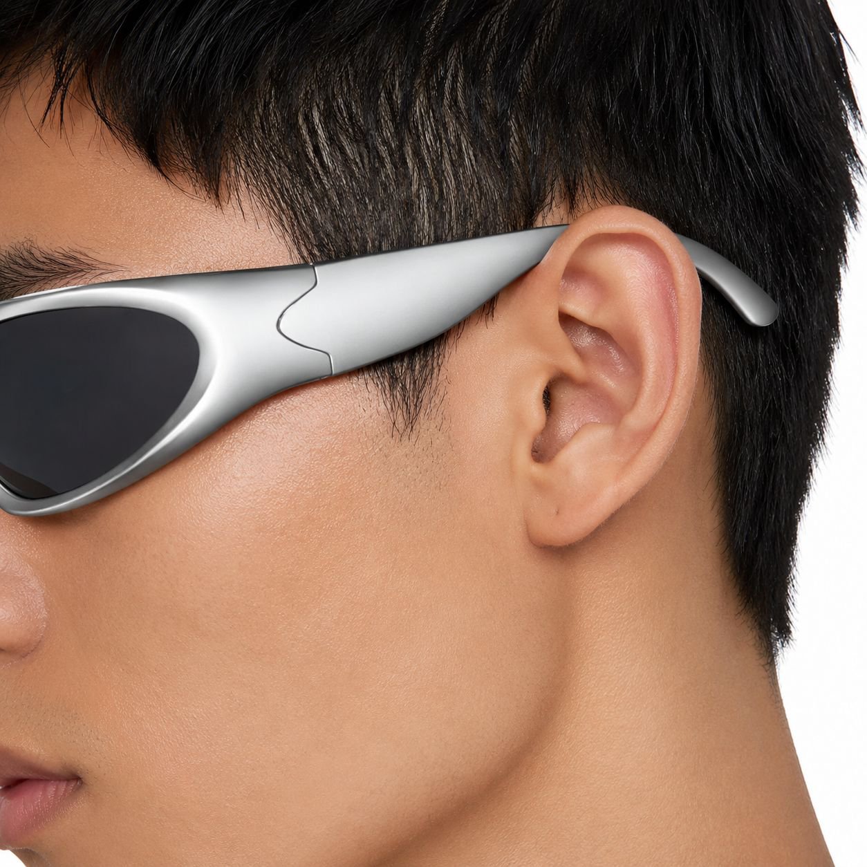 Trendy punk design sunglasses on model