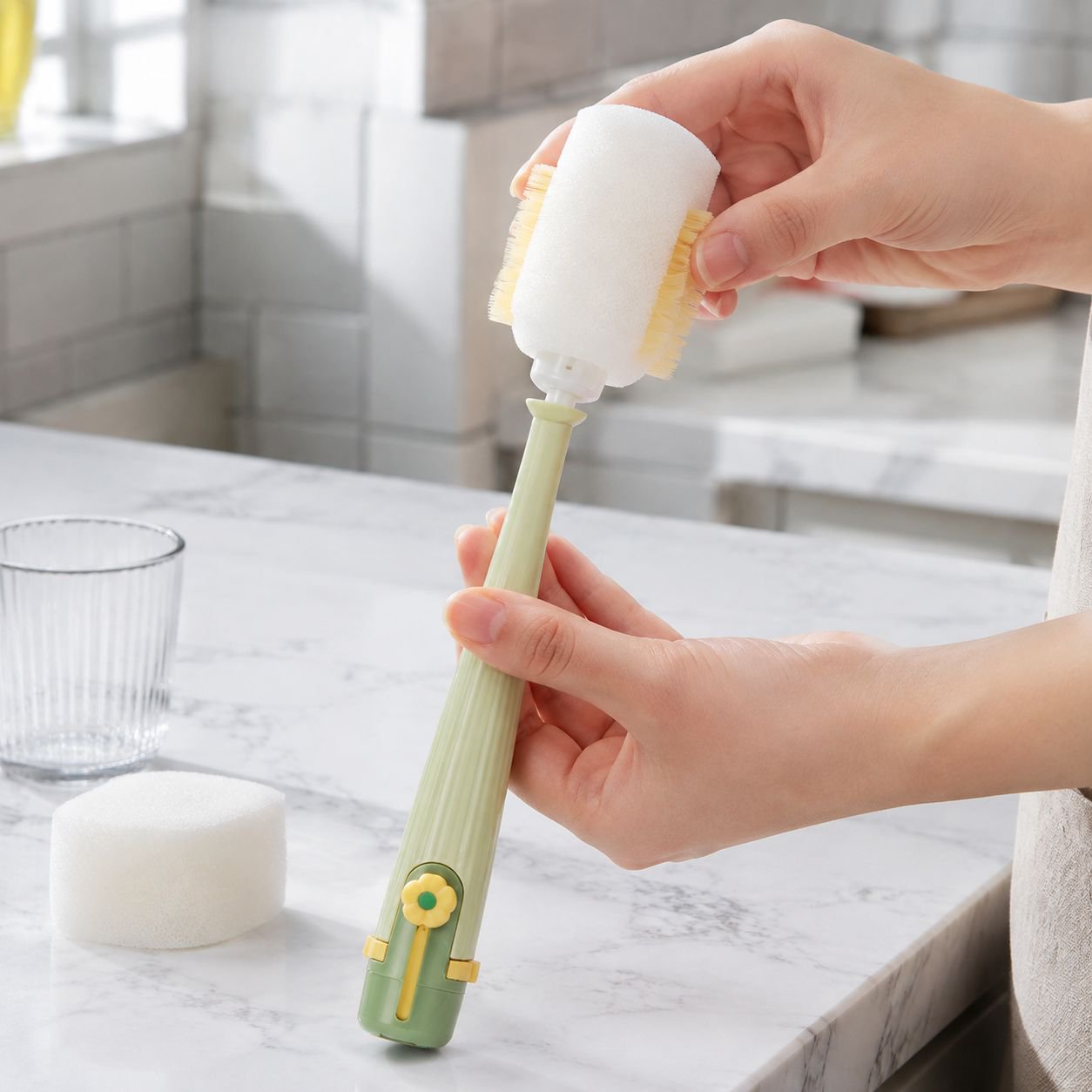 Efficient cleaning of coffee mugs using 5-in-1 brush